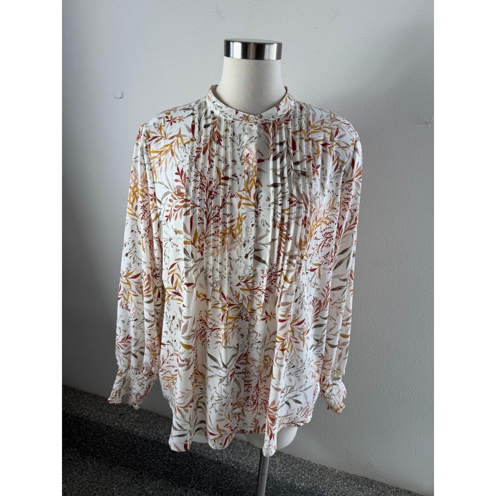 NYDJ Womens Large Pintuck Blouse Floral Leaf Print Smocked Cuff Long Sleeve Top